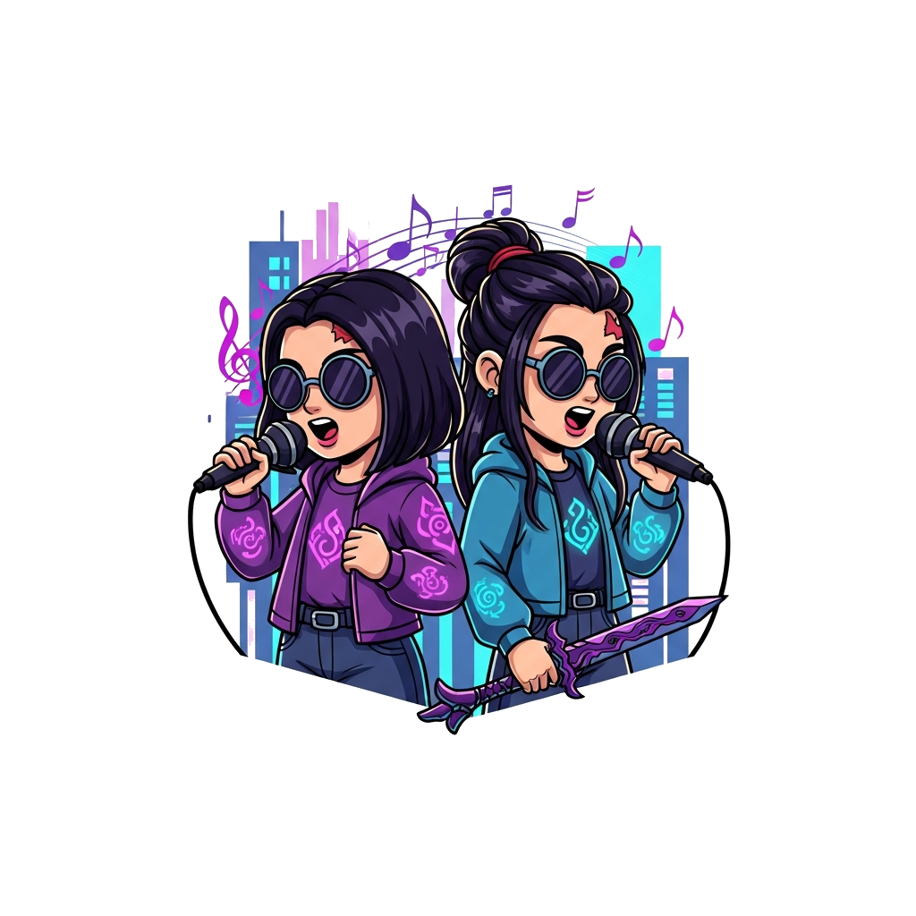Custom design: A vibrant, child-friendly illustration of two cool Kpop-style characters, Rumi and Meera, singing into microphones. T...