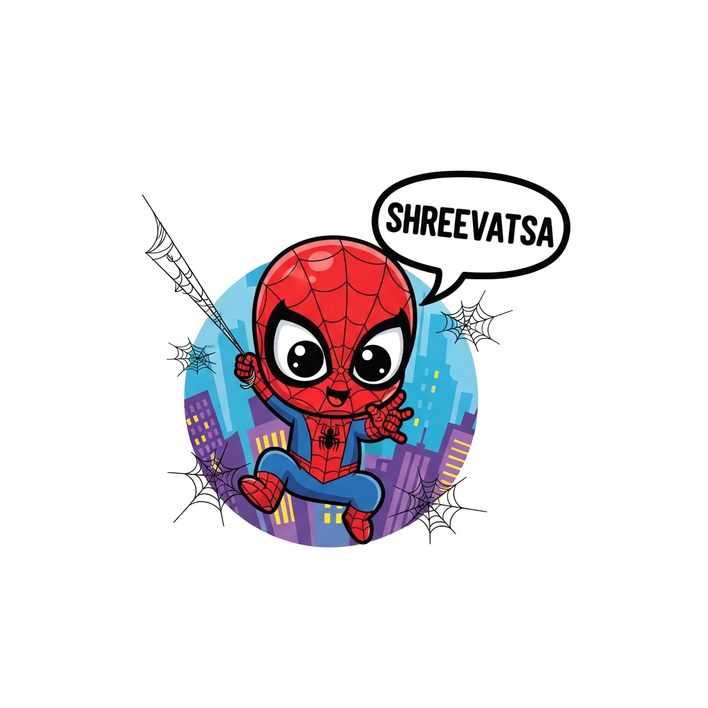 Custom design: A cute cartoon baby Spiderman swinging through a city skyline, with big adorable eyes and a playful smile, surrounded...