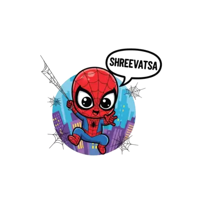 Design: A cute cartoon baby Spiderman swinging through a city skyline, with big adora...