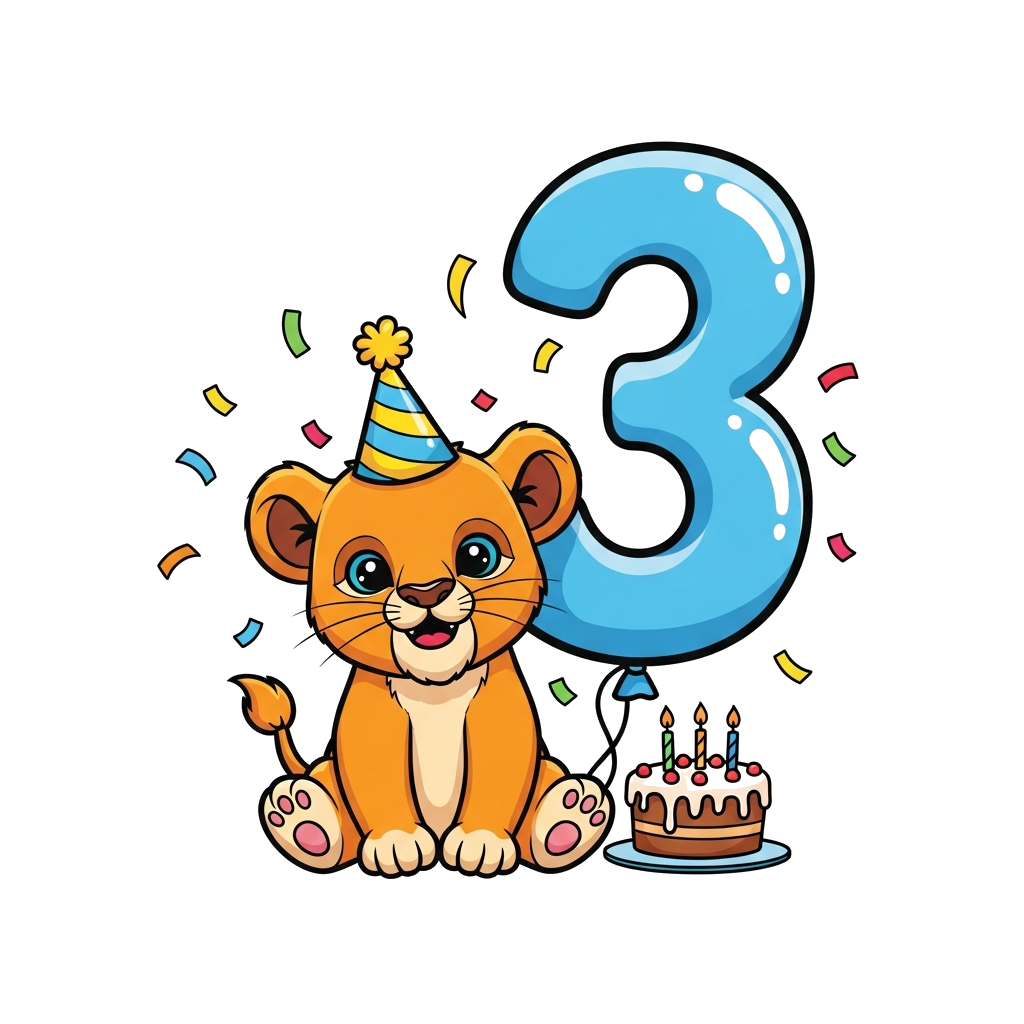 Custom design: A super cute cartoon baby lion cub wearing a tiny party hat, sitting next to a big number '3' balloon, surrounded by ...