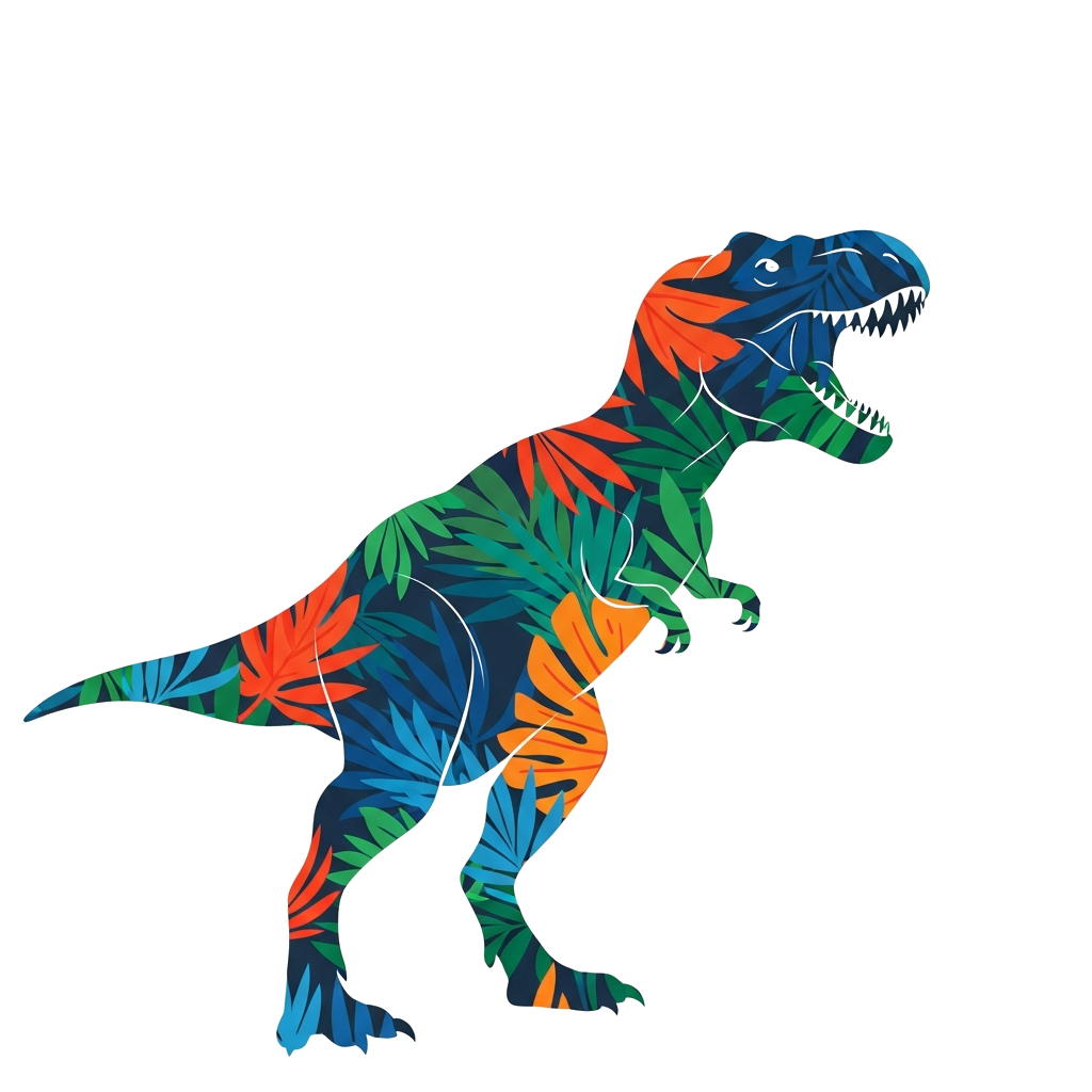 Custom design: A cool, stylized T-Rex silhouette roaring, with a vibrant, abstract jungle pattern in the background, bold colors lik...