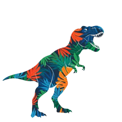 Design: A cool, stylized T-Rex silhouette roaring, with a vibrant, abstract jungle pa...