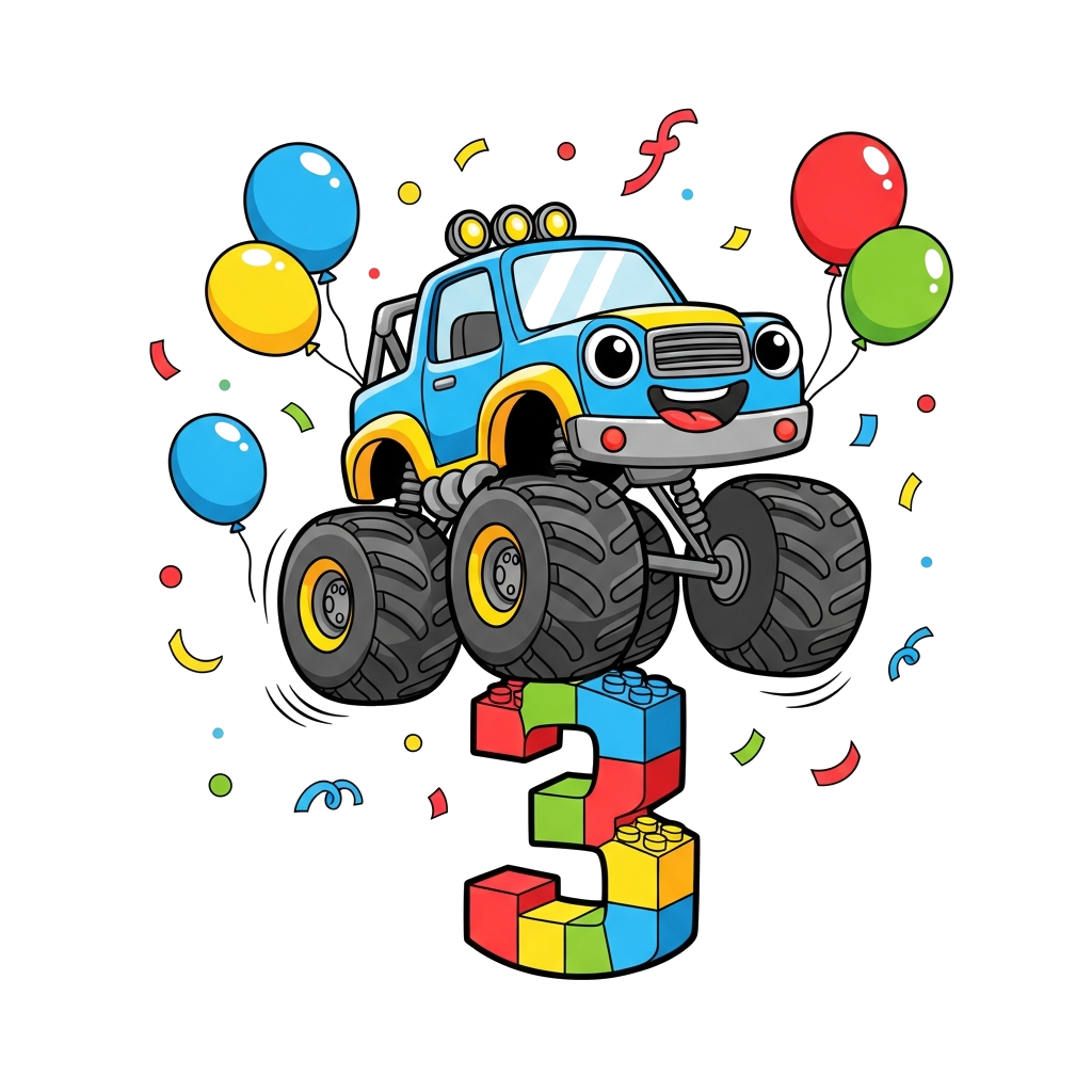 Custom design: A cheerful cartoon monster truck with big friendly eyes, playfully jumping over a '3' made of building blocks, with c...