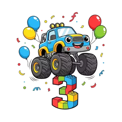 Design: A cheerful cartoon monster truck with big friendly eyes, playfully jumping ov...