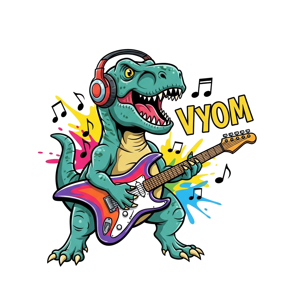 Custom design: A cheerful cartoon T-Rex wearing headphones and playing a vibrant electric guitar, surrounded by musical notes and br...