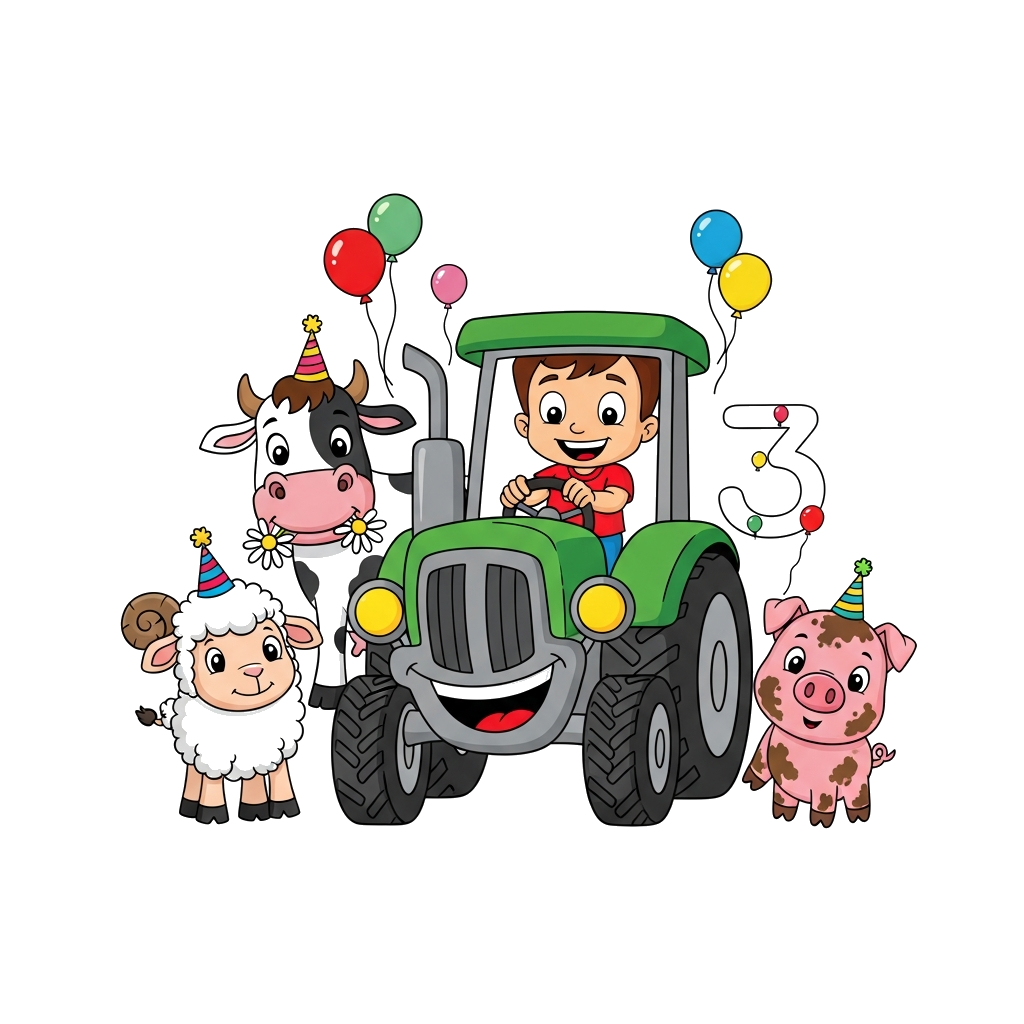 Custom design: A cute cartoon farm scene with a friendly tractor driven by a happy little boy resembling Chhota Bheem, surrounded by...
