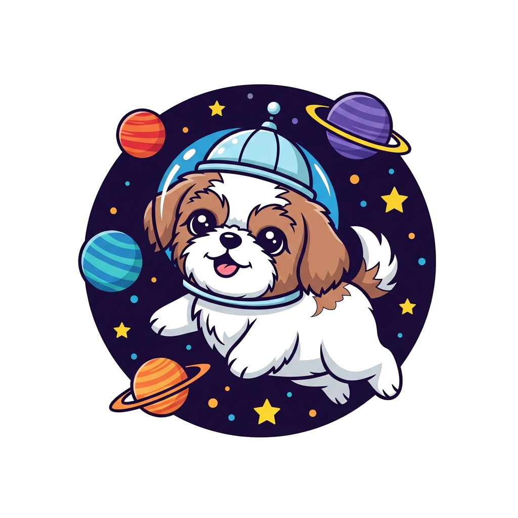 Custom design: A super cute cartoon Shih Tzu puppy floating among colorful planets and stars in a whimsical space scene, wearing a t...