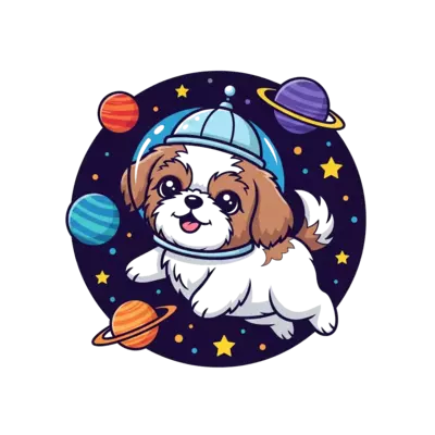 Design: A super cute cartoon Shih Tzu puppy floating among colorful planets and stars...