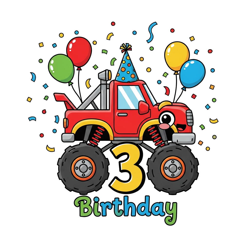 Custom design: A cute cartoon monster truck character wearing a small party hat, with the number '3' prominently displayed and the w...