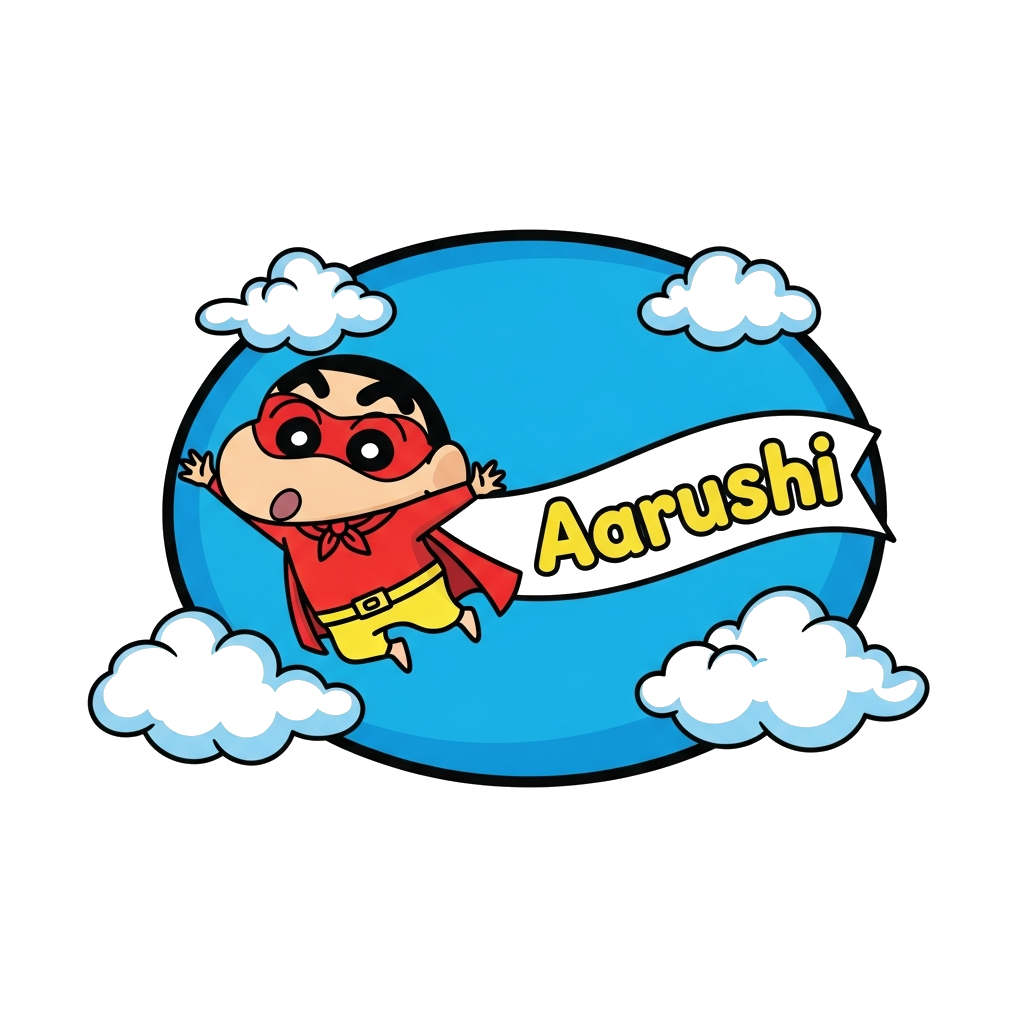 Custom design: A super cute cartoon Shinchan character, dressed in a tiny superhero mask and a flowing red cape, playfully flying th...