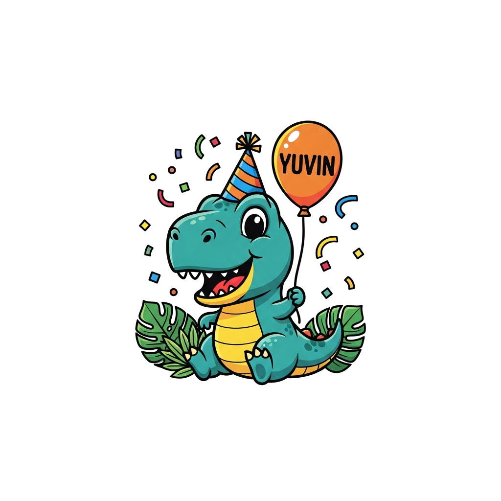 Custom design: A cute cartoon baby T-Rex wearing a party hat, happily holding a balloon with 'Yuvin' on it, surrounded by colorful c...