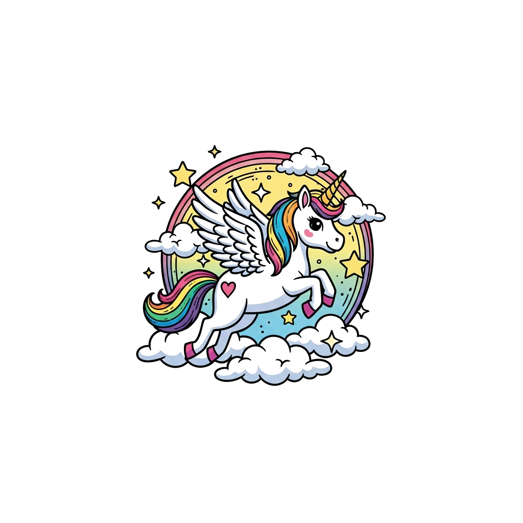 Custom design: A super cute cartoon unicorn with a rainbow mane and tail, gracefully flying over fluffy clouds, surrounded by sparkl...