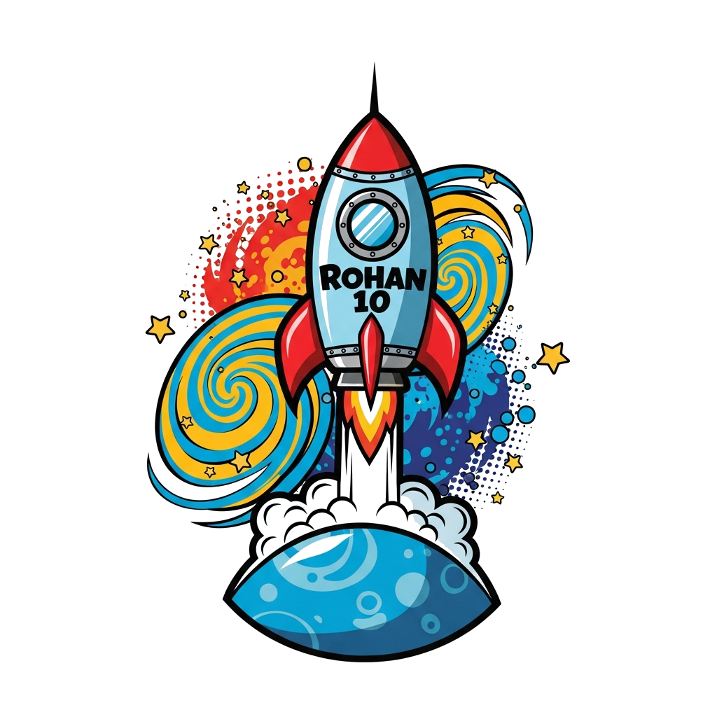Custom design: A bold and cool illustration of a rocket ship blasting off from a planet, with 'Rohan 10' subtly integrated into the ...