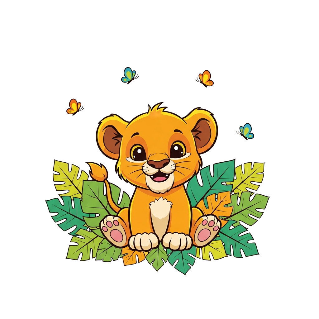 Custom design: A super cute, playful baby lion cub, cartoon style, with big friendly eyes, surrounded by colorful jungle leaves and ...