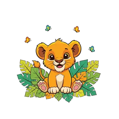 Design: A super cute, playful baby lion cub, cartoon style, with big friendly eyes, s...