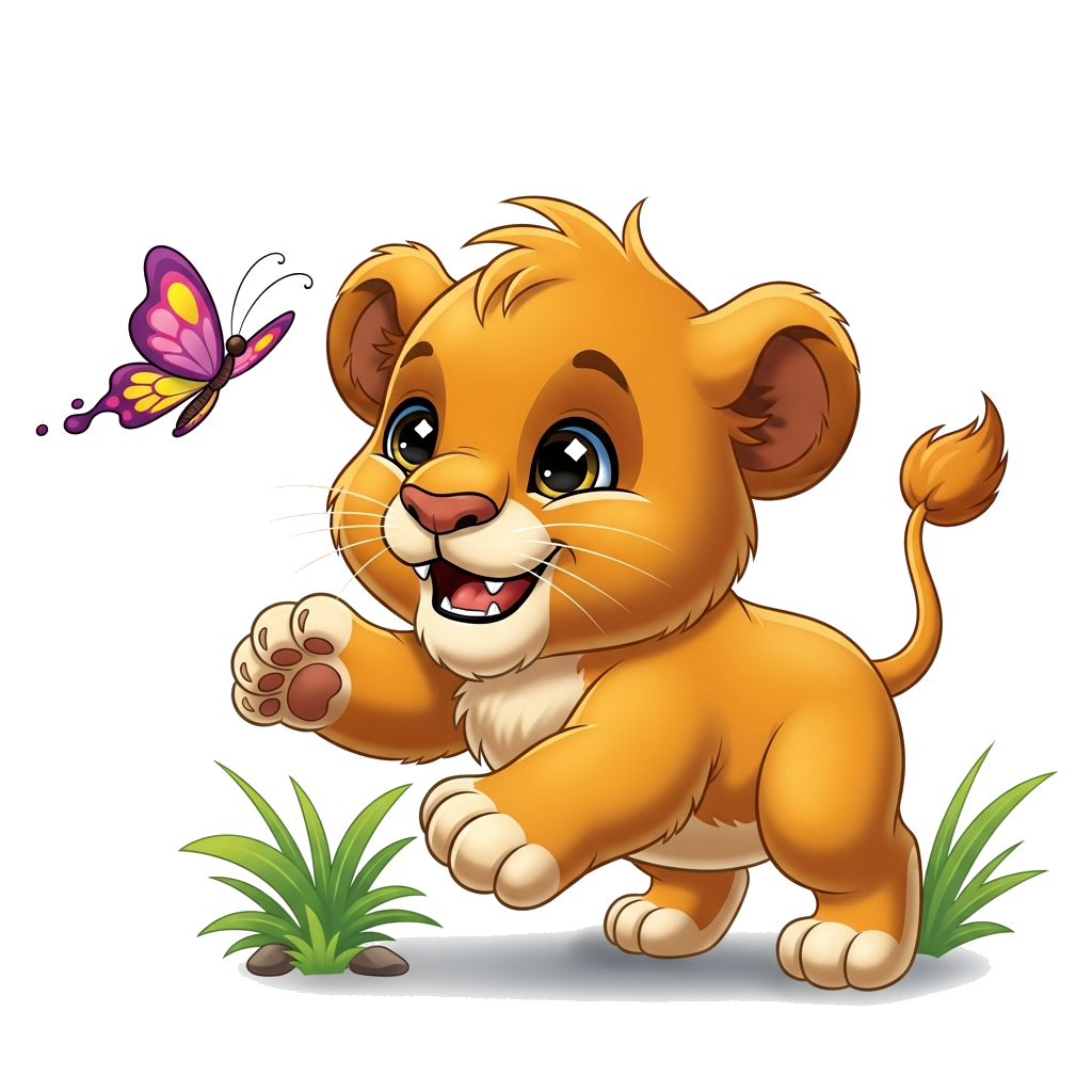 Custom design: A super cute, chubby cartoon baby lion cub, with a big friendly smile and sparkling eyes, playfully pouncing on a col...