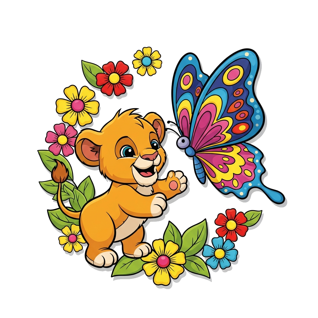 Custom design: A super cute, happy cartoon baby lion cub playing with a colorful butterfly, surrounded by cheerful flowers and green...