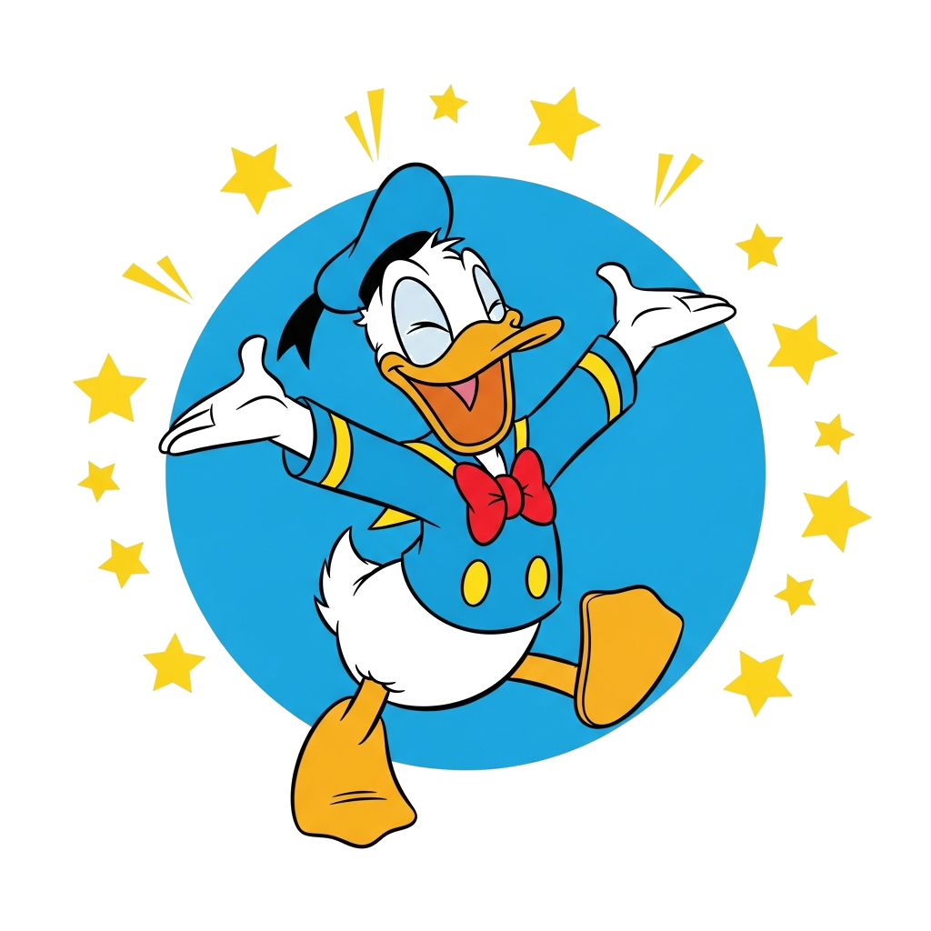 Custom design: A cheerful cartoon Donald Duck, full of energy, jumping and laughing, with a bright blue background and playful star ...