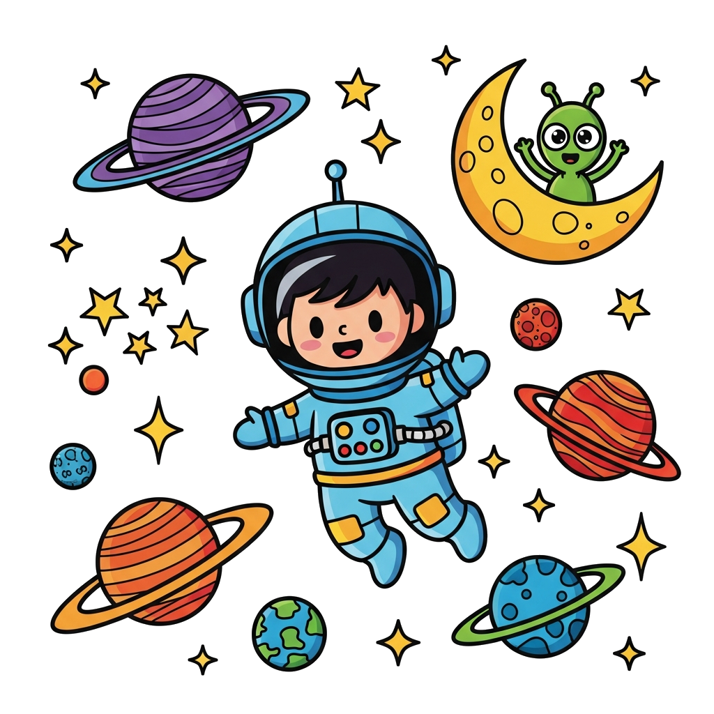 Custom design: A cute cartoon astronaut child floating happily in outer space, surrounded by colorful planets, twinkling stars, and ...