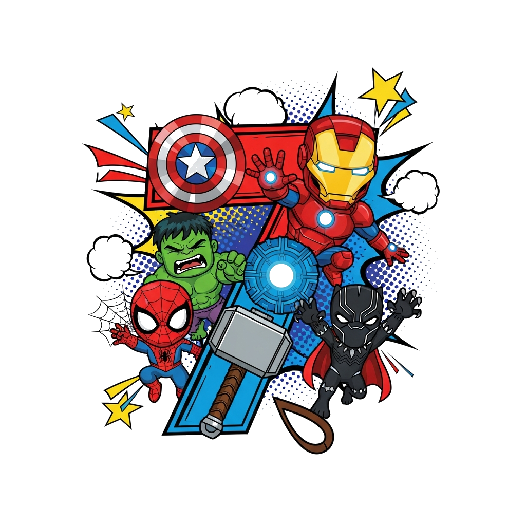 Custom design: A dynamic cartoon illustration featuring a stylized '7' formed by iconic Avengers elements like Captain America's shi...