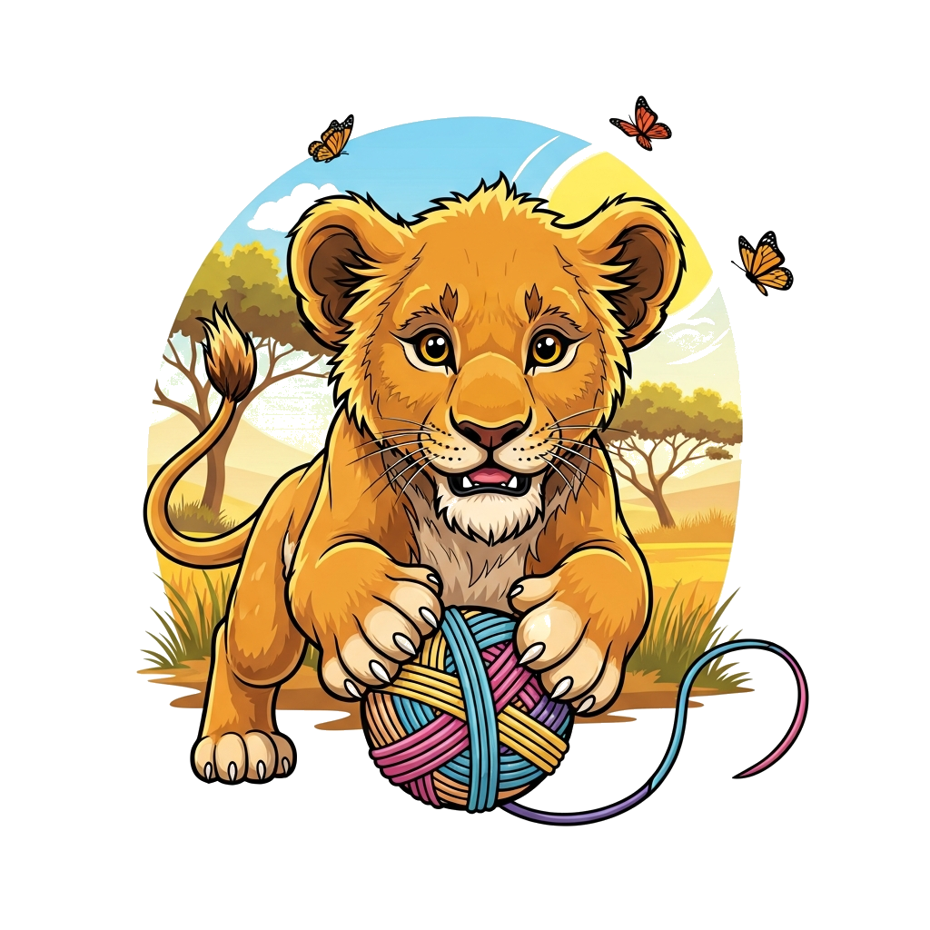 Custom design: A majestic, realistic lion cub with a friendly expression, playfully pouncing on a soft, colorful yarn ball, set agai...