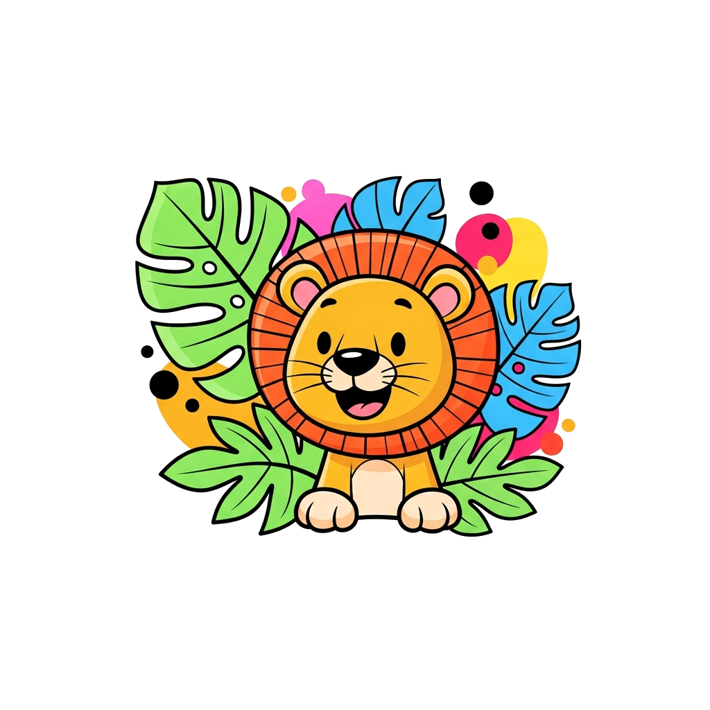 Custom design: A cheerful, cartoon lion cub with a big smile, surrounded by bright, oversized jungle leaves and colorful, abstract s...