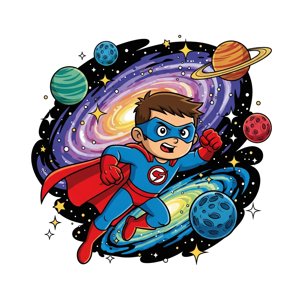 Custom design: A dynamic cartoon superhero flying through a vibrant galaxy, with swirling nebulae, twinkling stars, and colorful pla...