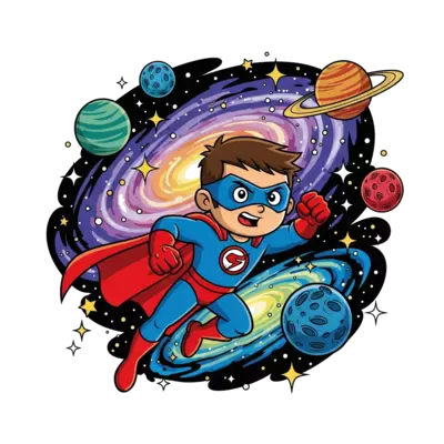 Design: A dynamic cartoon superhero flying through a vibrant galaxy, with swirling ne...