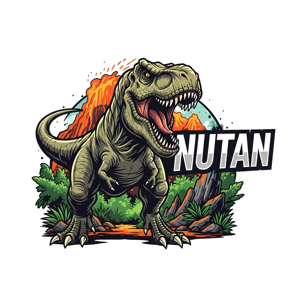 Custom design: A powerful, stylized T-Rex roaring with sharp teeth, in a dynamic, action-packed pose. The background is a dense, pre...