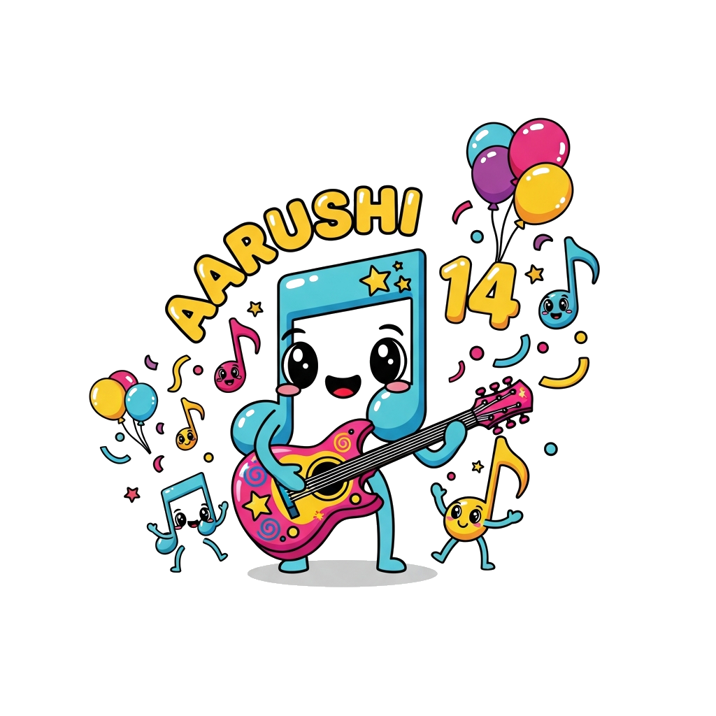 Custom design: A cute and whimsical cartoon illustration of a happy musical note character playing a vibrant guitar, surrounded by f...
