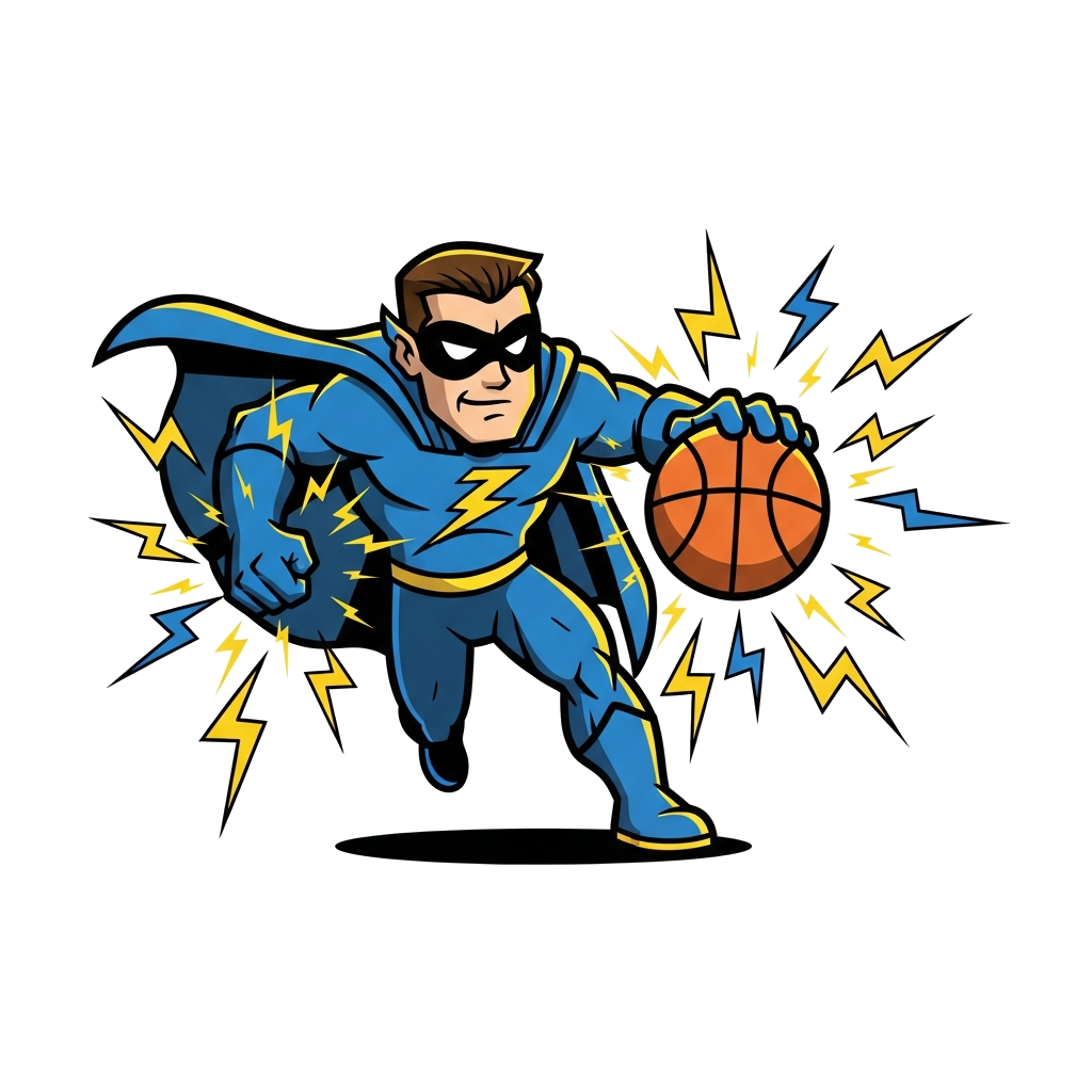 Custom design: A dynamic cartoon illustration of a superhero figure dribbling a basketball, with lightning bolts and energy lines in...