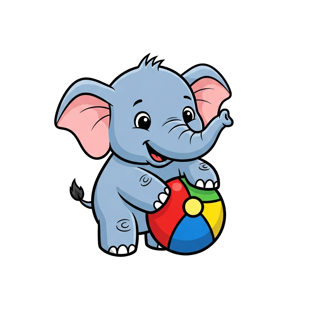 Custom design: A super cute baby elephant cartoon character, happily playing with a colorful ball, big eyes, friendly smile, vibrant...