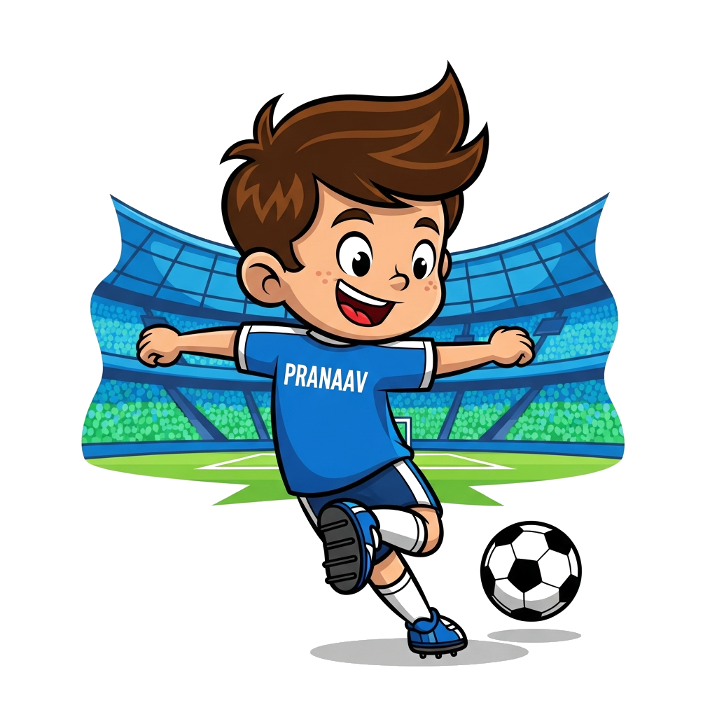 Custom design: A dynamic cartoon illustration of a happy boy character, wearing a blue football jersey with the name 'Pranaav' on th...