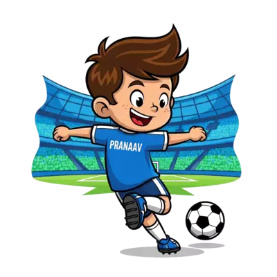 Design: A dynamic cartoon illustration of a happy boy character, wearing a blue footb...