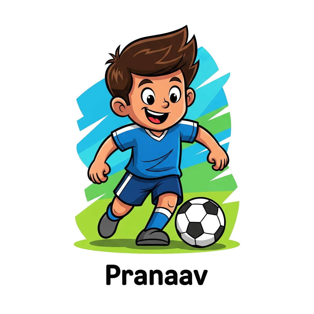 Custom design: A cheerful cartoon boy named Pranaav playing football, wearing a blue jersey, with a dynamic action pose against a vi...