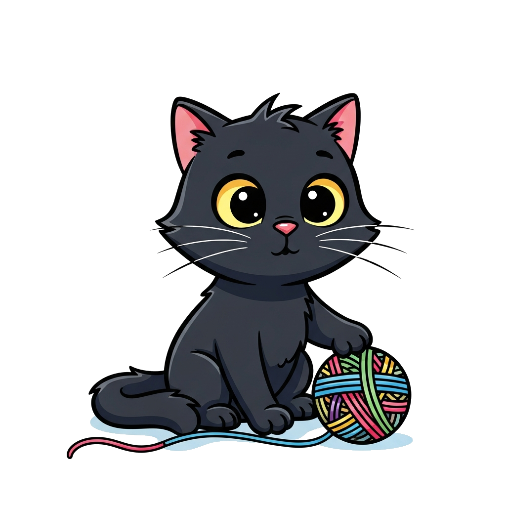 Custom design: A super cute cartoon black cat with big curious eyes, playing with a colorful ball of yarn, in a playful and vibrant ...