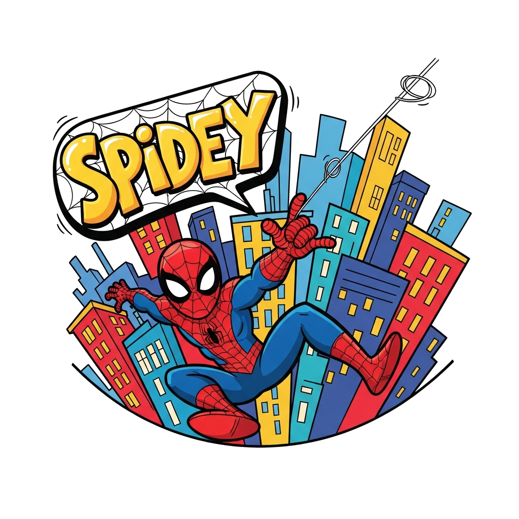 Custom design: A vibrant, playful cartoon illustration of Spider-Man swinging dynamically through a cheerful, stylized cityscape wit...