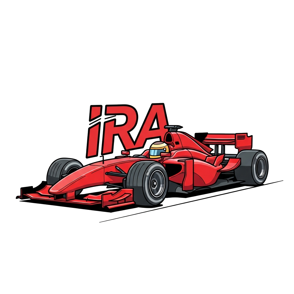 Custom design: A high-definition, realistic illustration of a sleek red formula 1 race car speeding on a track, with 'IRA' subtly in...