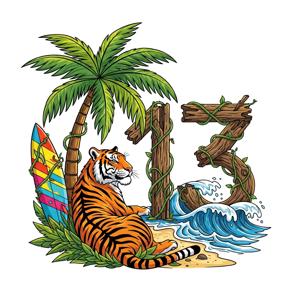 Custom design: A vibrant illustration of a lush tropical jungle meeting a sunny beach, with a majestic tiger lounging under a palm t...