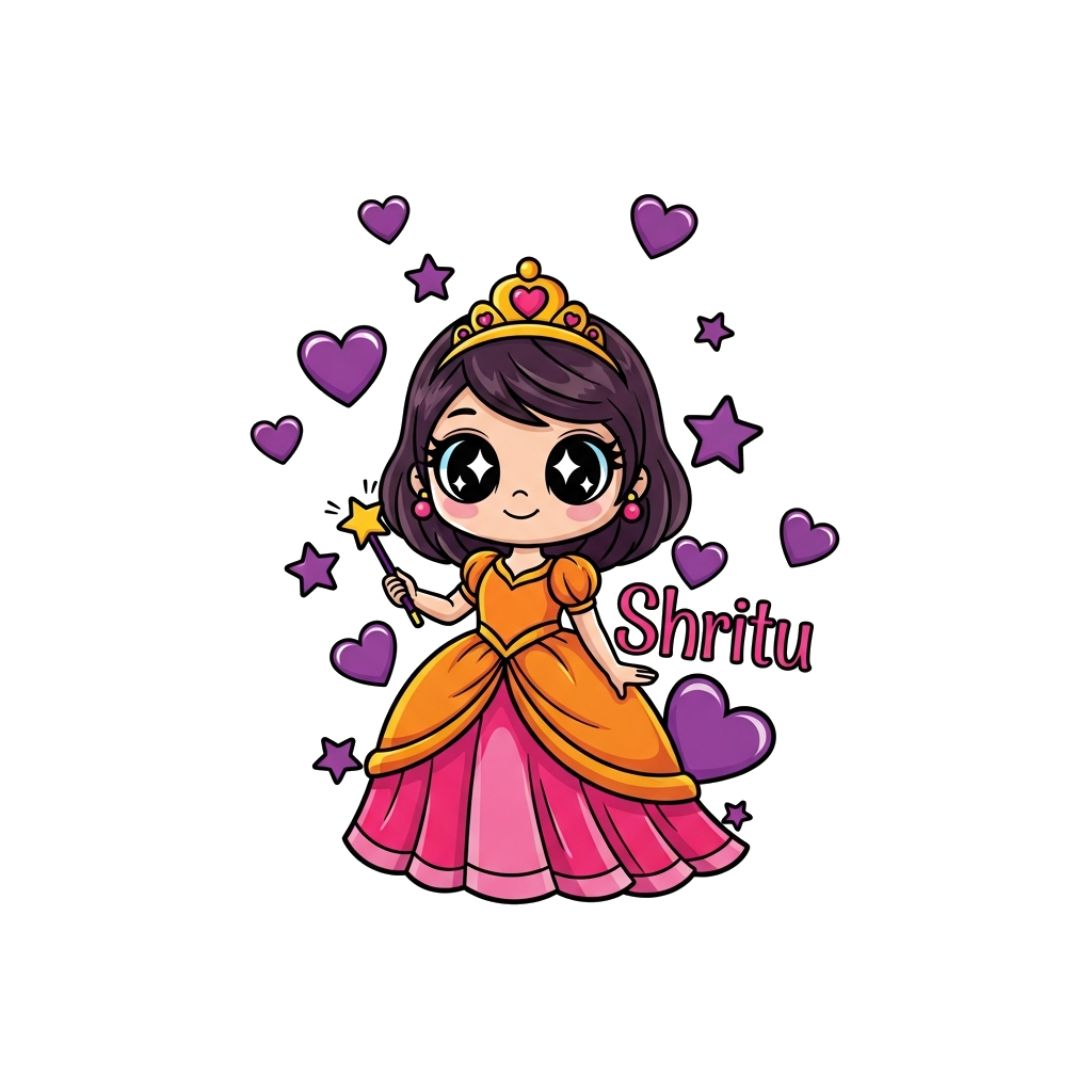 Custom design: A super cute cartoon princess with big, sparkling eyes, wearing a vibrant orange and pink gown, holding a tiny magic ...