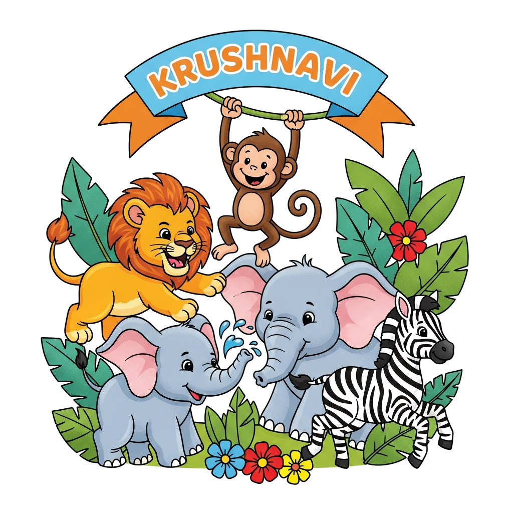 Custom design: A whimsical illustration of various baby jungle animals (lion cub, monkey, elephant calf, zebra foal) playing togethe...