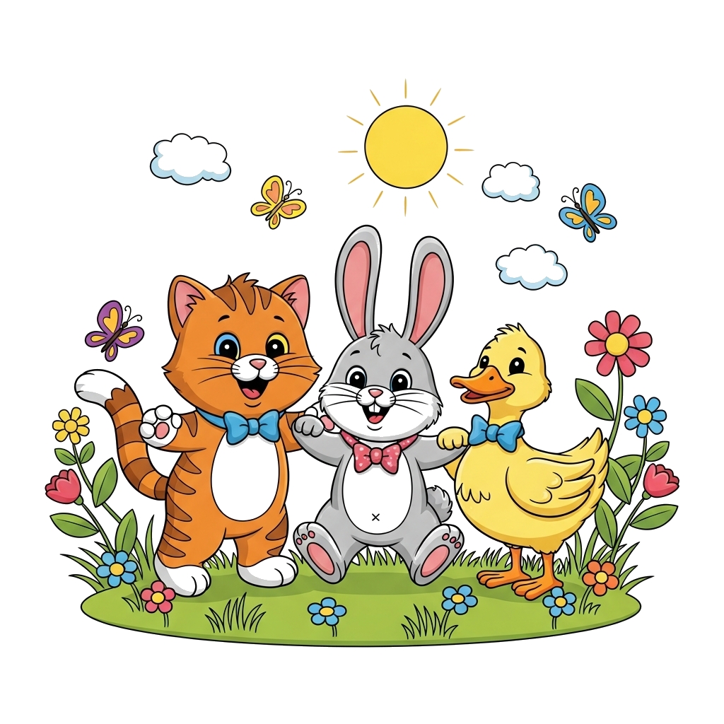 Custom design: A whimsical illustration of a happy cartoon cat, a playful rabbit, and a cheerful duck all playing together in a sunn...