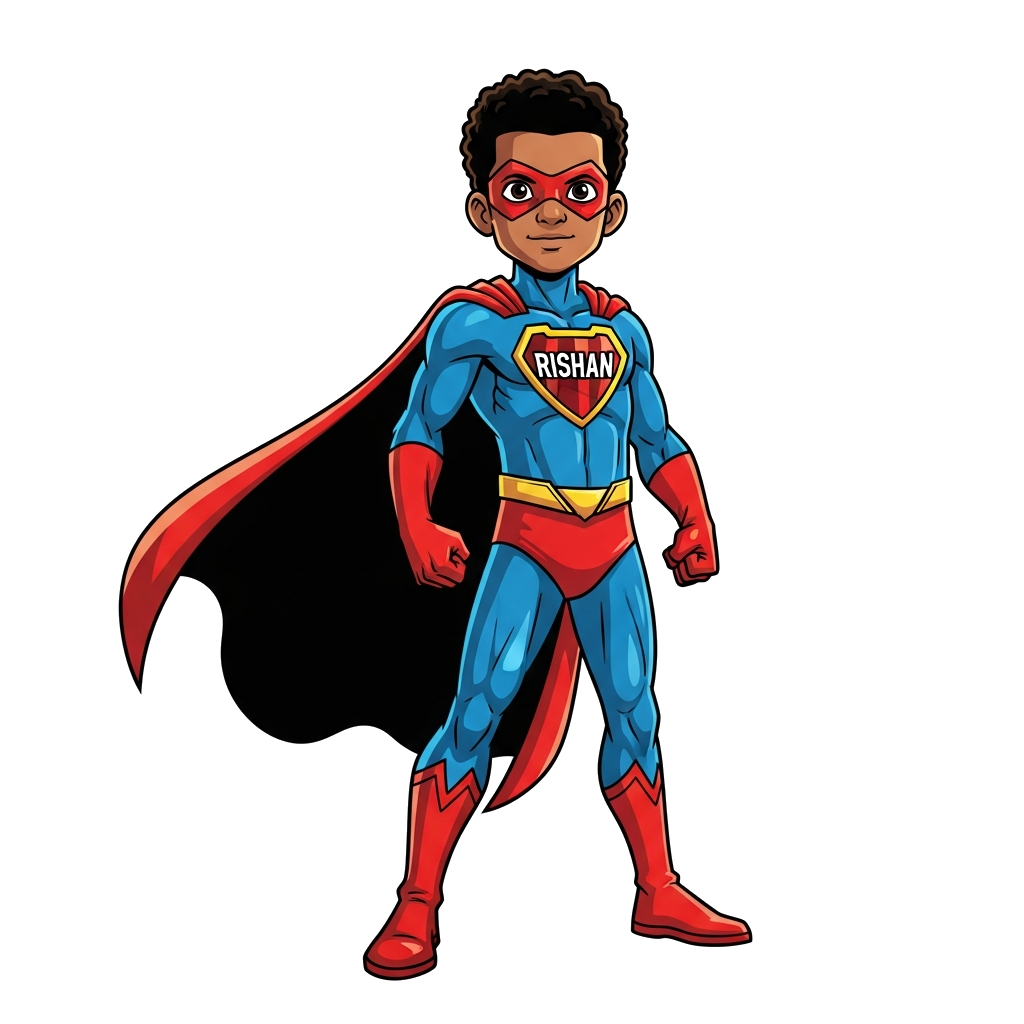 Custom design: A dynamic illustration of a young, diverse superhero in a classic pose, standing tall with a cape flowing, in a reali...