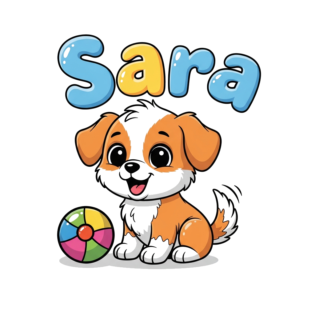 Custom design: A super cute, fluffy cartoon puppy with big eyes, wagging its tail happily, sitting next to a colorful bouncy ball. T...