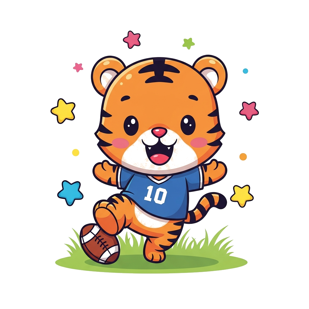Custom design: A cheerful, cute cartoon baby tiger wearing a small football jersey, happily kicking a football with a big smile, sur...
