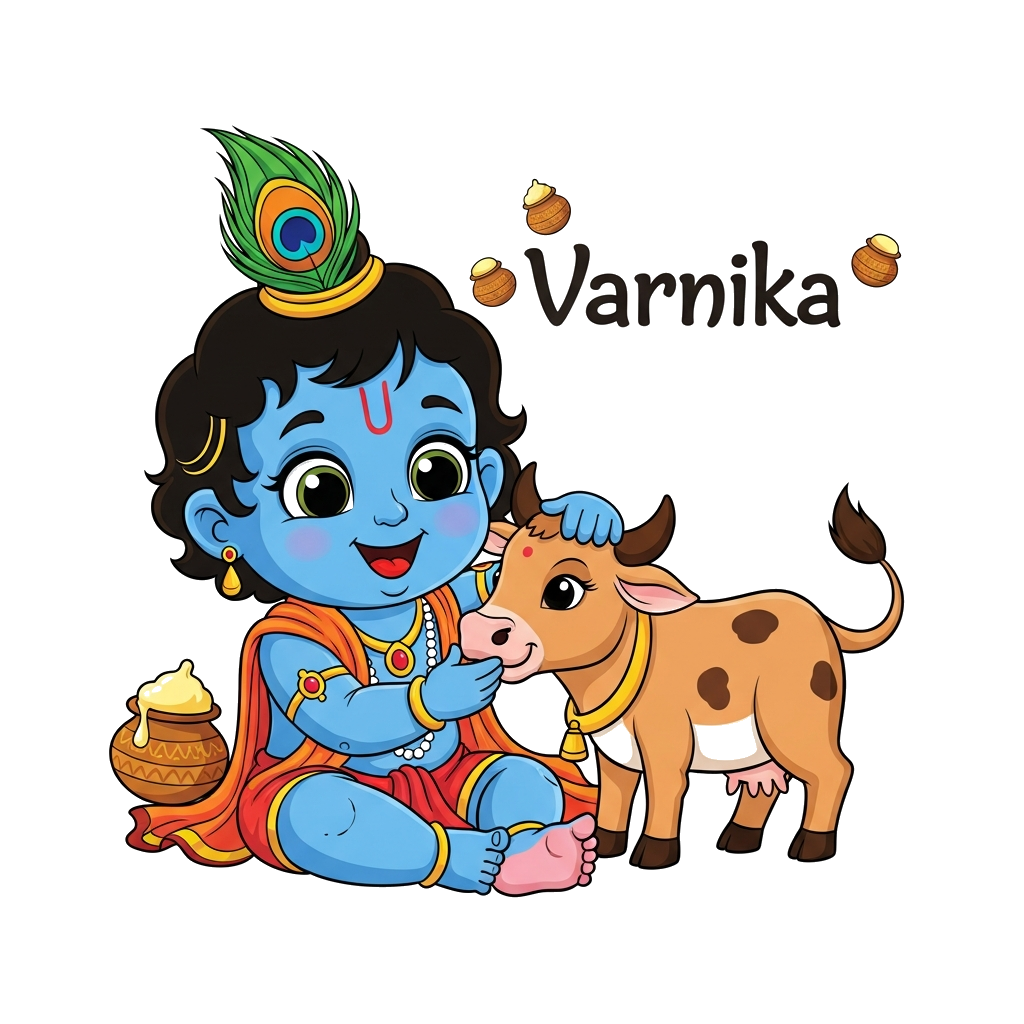 Custom design: A cute, playful cartoon baby Krishna with big, joyful eyes, gently petting a happy calf, with a colorful peacock feat...