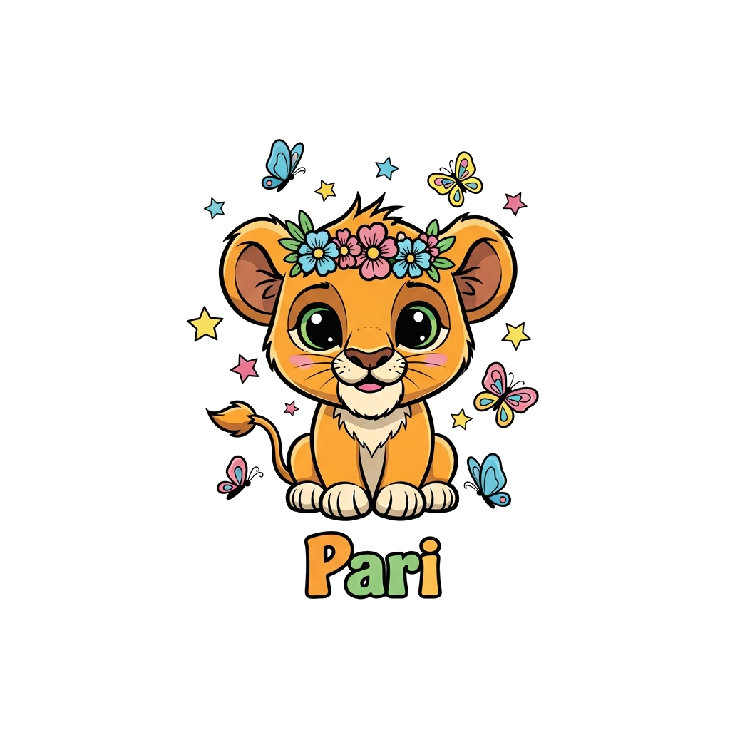 Custom design: A super cute, friendly cartoon baby lion cub with big eyes, wearing a tiny flower crown, surrounded by colorful butte...