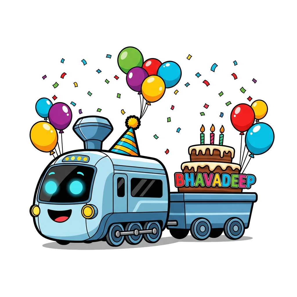 Custom design: A super cute, smiling, futuristic AI-inspired train with sleek lines and friendly glowing eyes, adorned with a birthd...