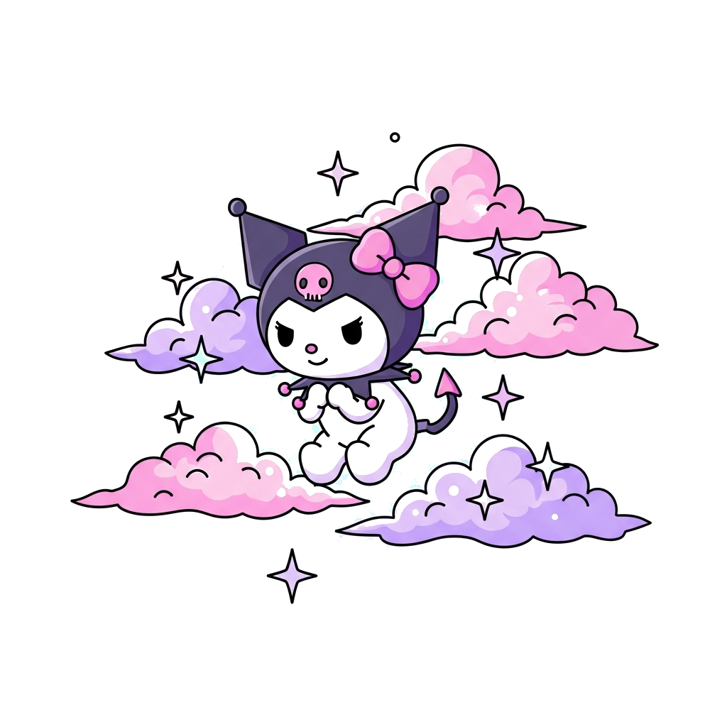 Custom design: A whimsical illustration of Kuromi gently floating among pastel pink and lavender clouds, surrounded by shimmering st...