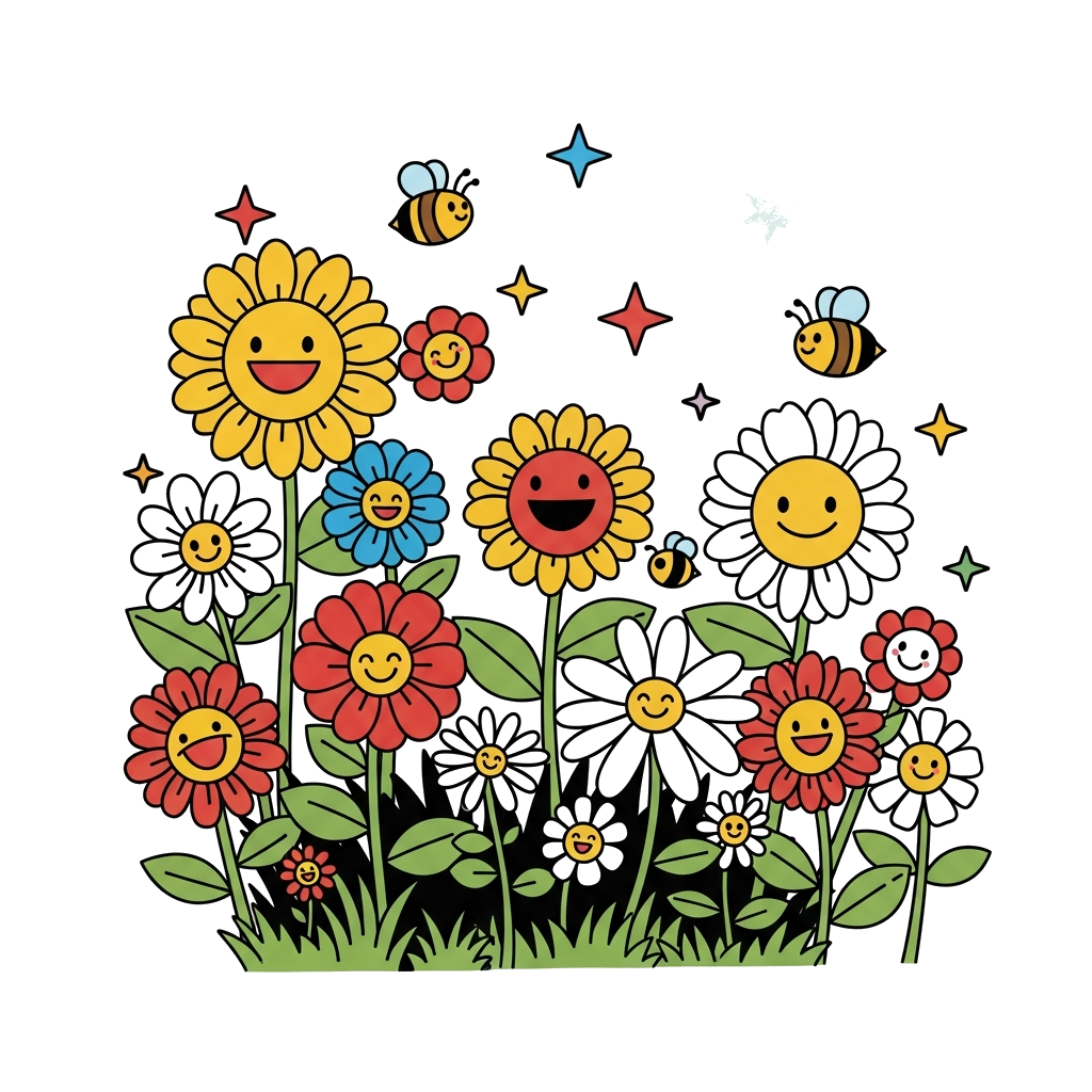 Custom design: A vibrant and playful illustration of a magical garden with oversized, stylized flowers in a rainbow of bright colors...